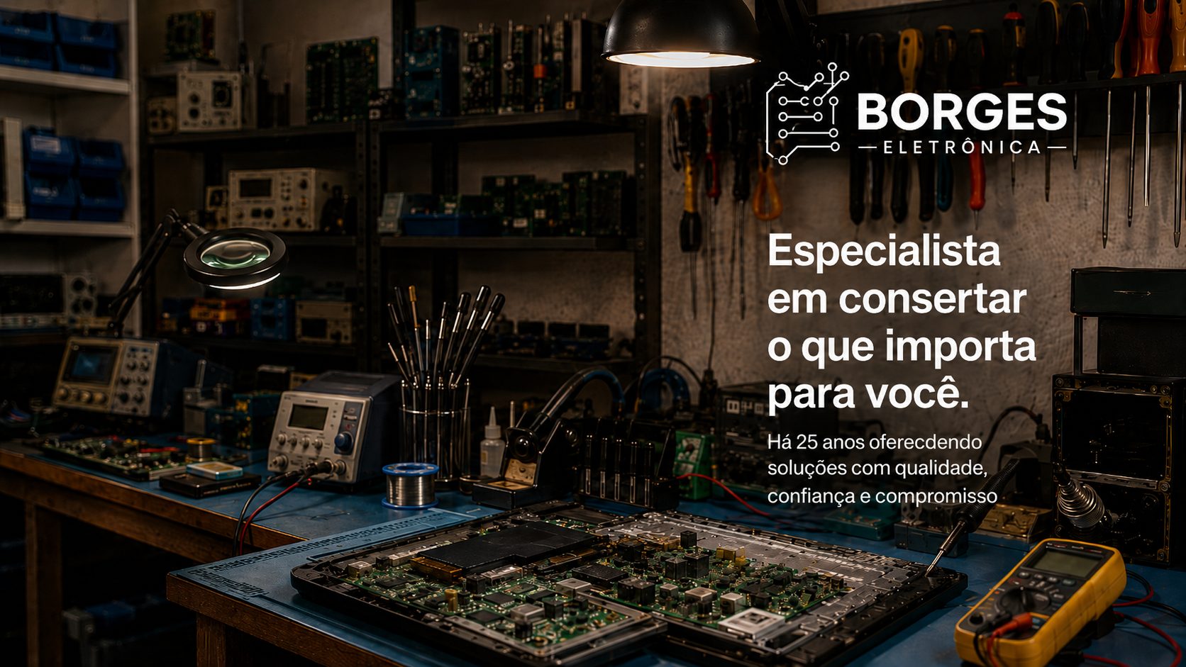 Bancada técnica da Borges Eletrônica com televisor em diagnóstico